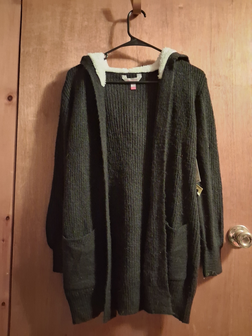 No Boundaries Dark Green Hooded Open-Front Cardigan with Cream Sherpa Trim